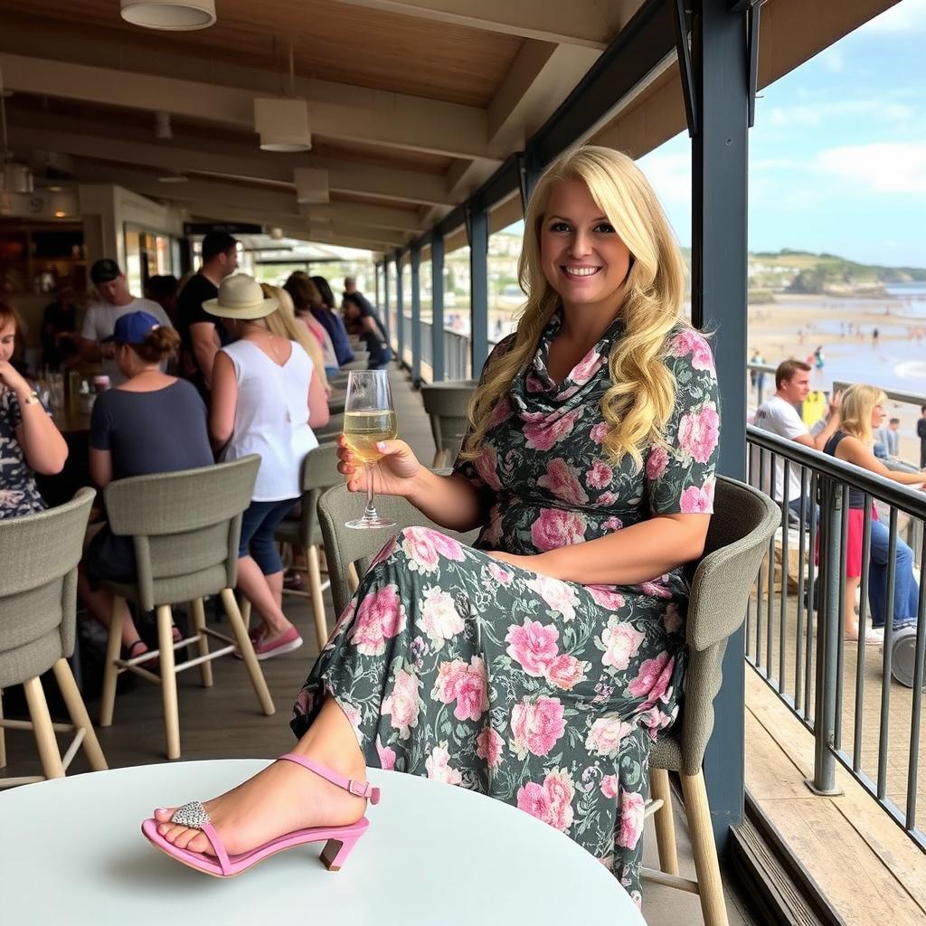 A curvy blond woman with hair in pigtails is sitting in a cafe overlooking the beach at Lyme Regis