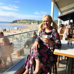 A curvy blond woman with hair in pigtails is sitting in a cafe overlooking the beach at Lyme Regis