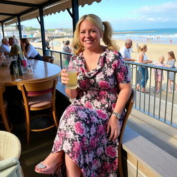 A curvy blond woman with hair in pigtails is sitting in a cafe overlooking the beach at Lyme Regis