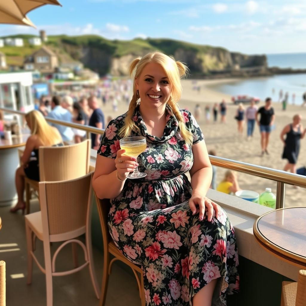 A curvy blond woman with hair in pigtails is sitting in a cafe overlooking the beach at Lyme Regis