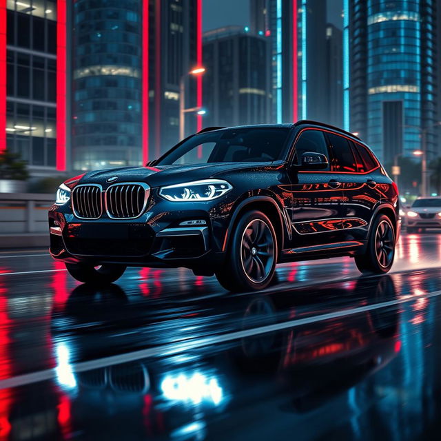 A futuristic, sleek, black 2025 BMW X3 driving at night in the rain