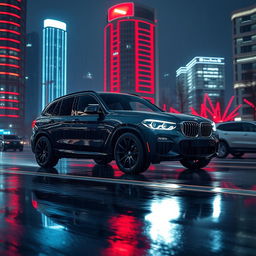 A futuristic, sleek, black 2025 BMW X3 driving at night in the rain