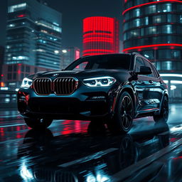 A futuristic, sleek, black 2025 BMW X3 driving at night in the rain