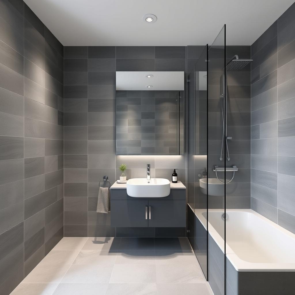 A modern bathroom with grey tiles and sleek fixtures