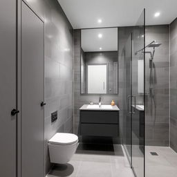 A modern bathroom with grey tiles and sleek fixtures