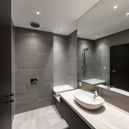 A modern bathroom with grey tiles and sleek fixtures