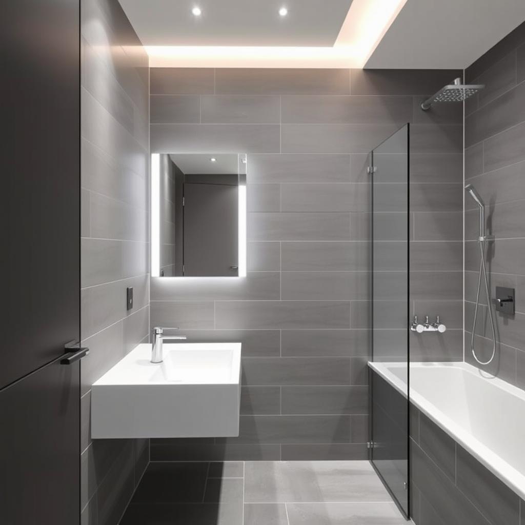 A modern bathroom with grey tiles and sleek fixtures