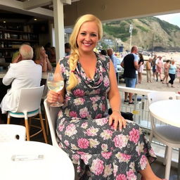 A curvy blond woman with hair in a plait is sitting in a cafe overlooking the beach at Lyme Regis