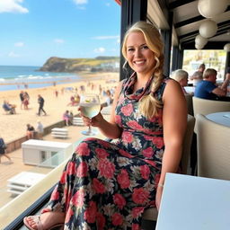 A curvy blond woman with hair in a plait is sitting in a cafe overlooking the beach at Lyme Regis