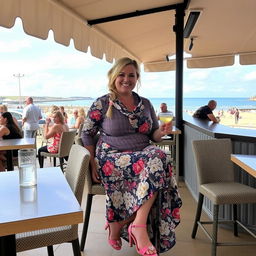 A curvy blond woman with hair in a plait is sitting in a cafe overlooking the beach at Lyme Regis