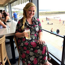 A curvy blond woman with hair in a plait is sitting in a cafe overlooking the beach at Lyme Regis