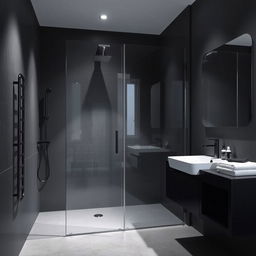 A modern shower room designed in shades of gray and black