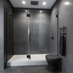 A modern shower room designed in shades of gray and black