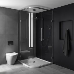 A modern shower room designed in shades of gray and black