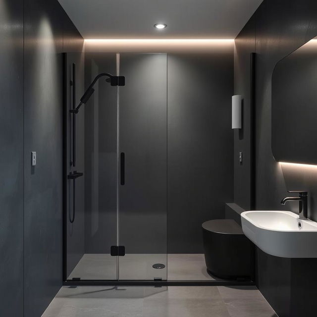 A modern shower room designed in shades of gray and black