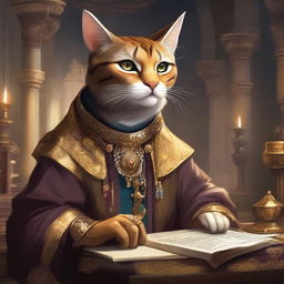 A detailed illustration of a Tabaxi merchant guild leader