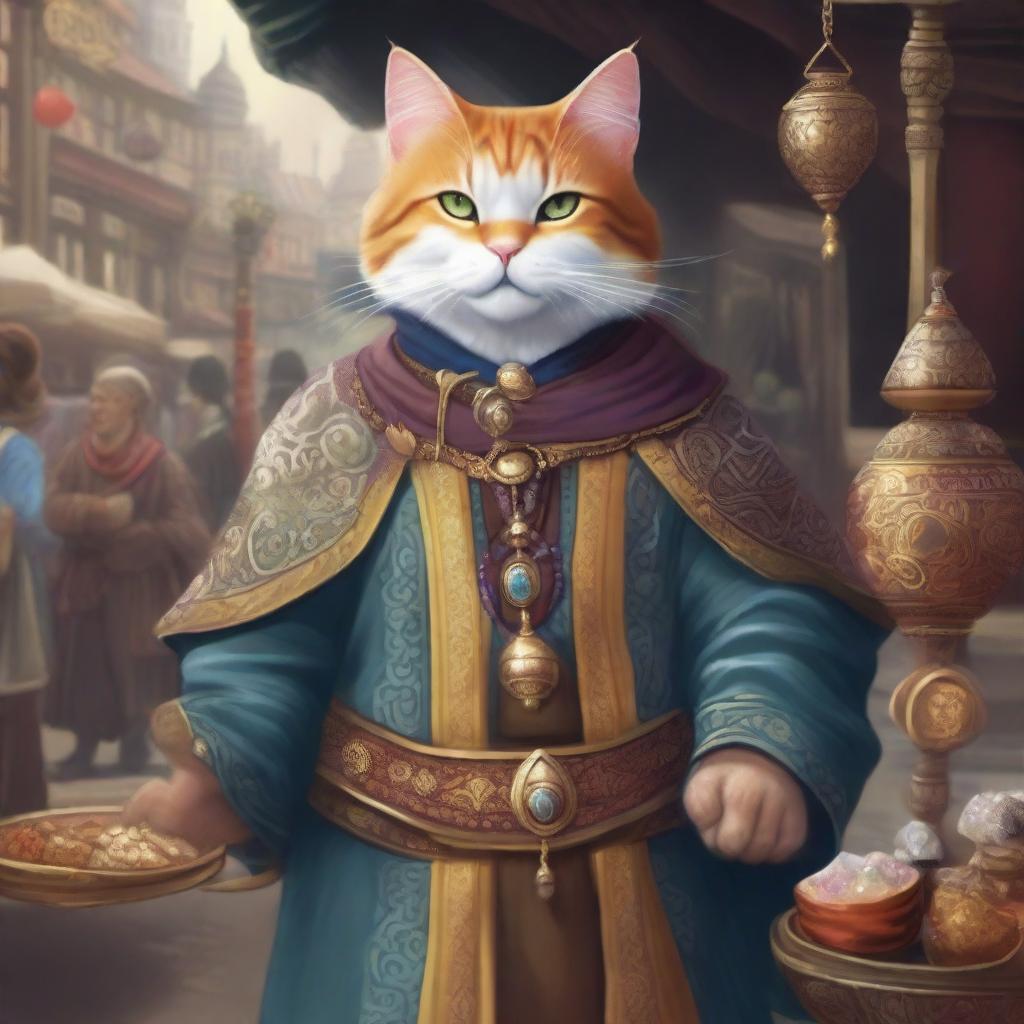 A detailed illustration of a cat man serving as a merchant guild leader