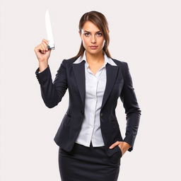 A woman in business attire is standing confidently, holding up a knife