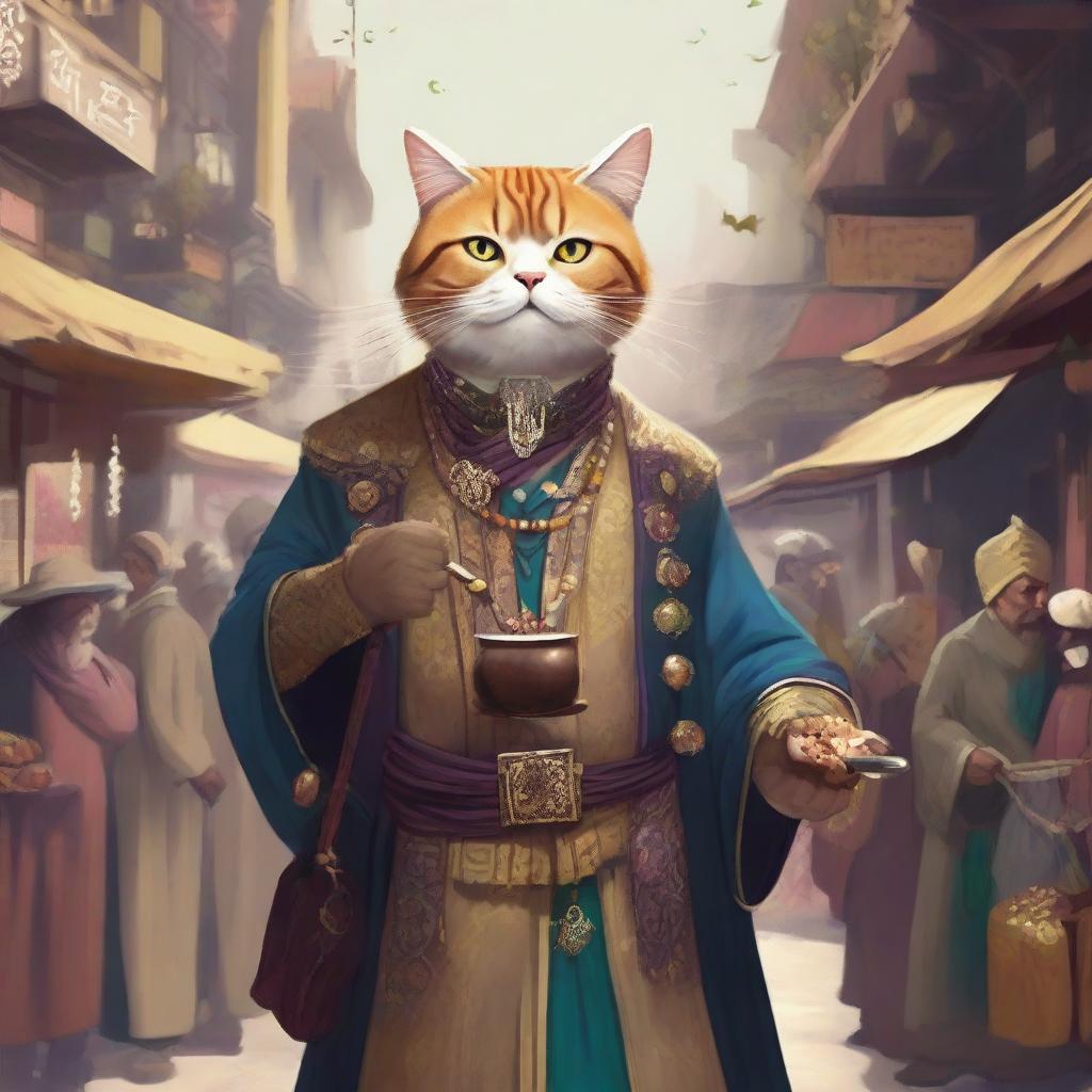 A detailed illustration of a cat man serving as a merchant guild leader