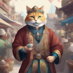 A detailed illustration of a cat man serving as a merchant guild leader