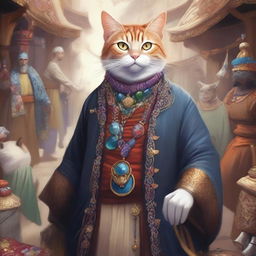 A detailed illustration of a cat man serving as a merchant guild leader