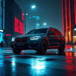 A futuristic 2025 BMW X3 with prolonged headlights driving at night in the rain