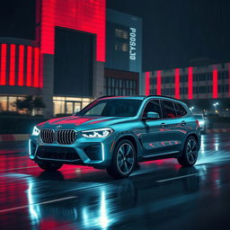 A futuristic 2025 BMW X3 with prolonged headlights driving at night in the rain