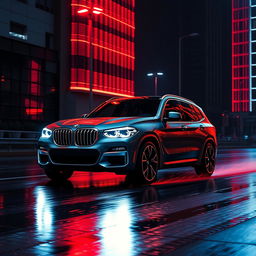 A futuristic 2025 BMW X3 with prolonged headlights driving at night in the rain