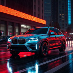 A futuristic 2025 BMW X3 with prolonged headlights driving at night in the rain