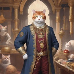 A detailed illustration of a man with cat features serving as a merchant guild leader