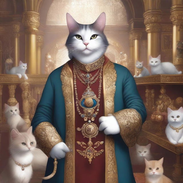 A detailed illustration of a man with cat features serving as a merchant guild leader