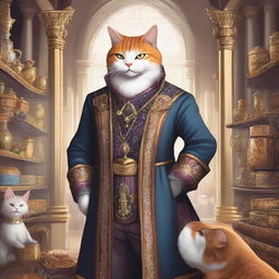 A detailed illustration of a man with cat features serving as a merchant guild leader