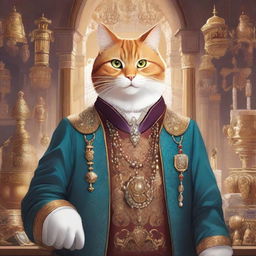 A detailed illustration of a man with cat features serving as a merchant guild leader