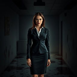 A woman in business attire is standing confidently in a dark, bloody office