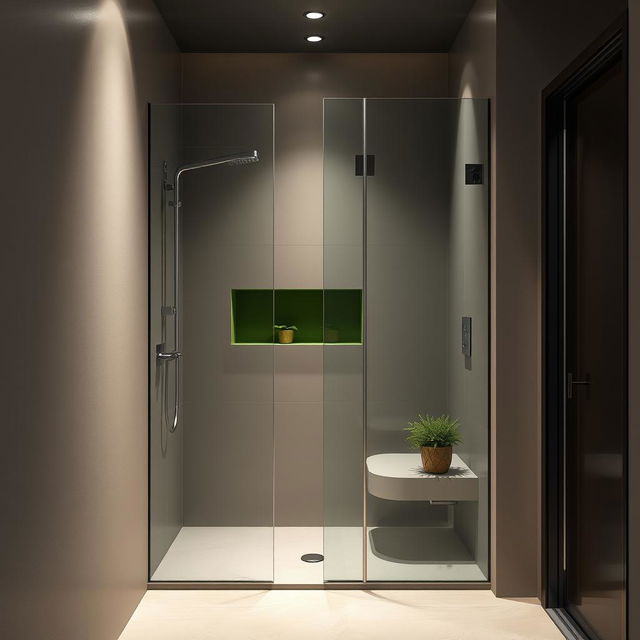 A modern shower room designed in shades of gray, beige, and green