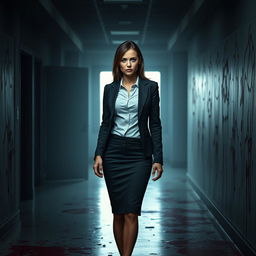 A woman in business attire is standing confidently in a dark, bloody office