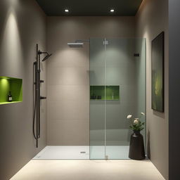 A modern shower room designed in shades of gray, beige, and green