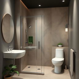 A modern shower room designed in shades of gray, beige, and green