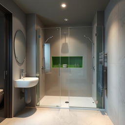 A modern shower room designed in shades of gray, beige, and green