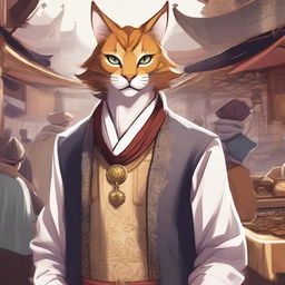 A detailed illustration of a man with cat ears who is a merchant guild leader