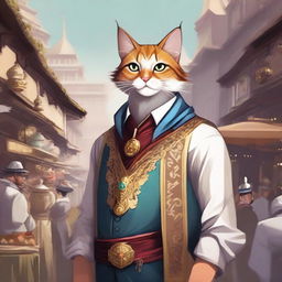 A detailed illustration of a man with cat ears who is a merchant guild leader