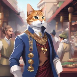 A detailed illustration of a man with cat ears who is a merchant guild leader