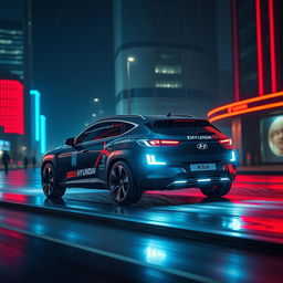 A futuristic 2025 Hyundai Tucson with prolonged lights, driving through a rainy night