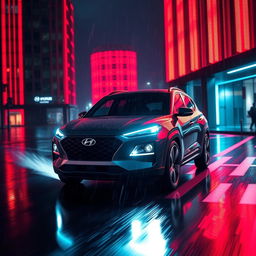 A futuristic 2025 Hyundai Tucson with prolonged lights, driving through a rainy night