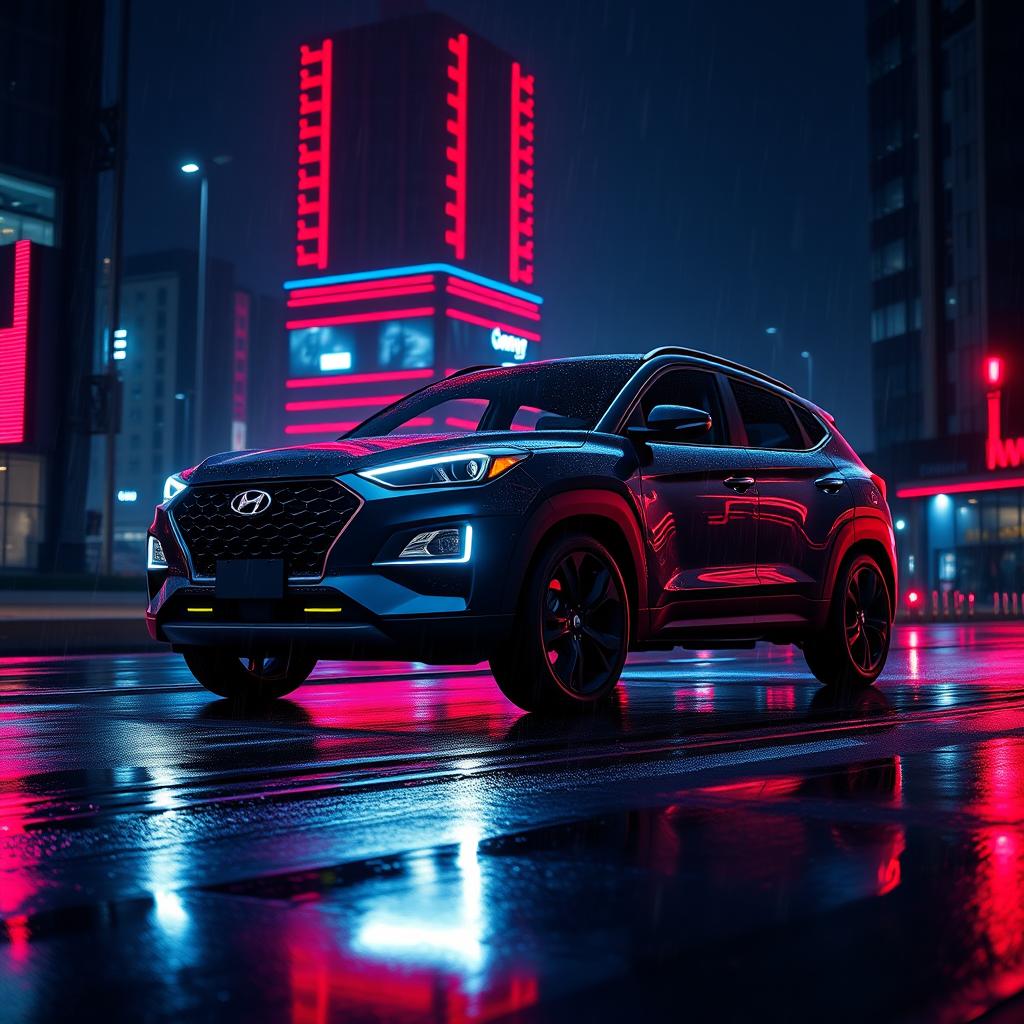 A futuristic 2025 Hyundai Tucson with prolonged lights, driving through a rainy night