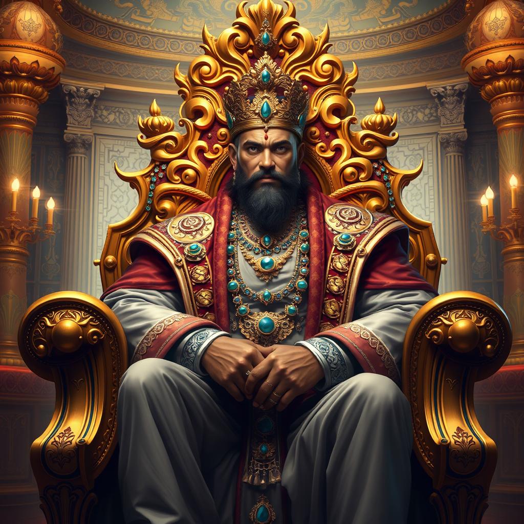 A majestic portrayal of a king named Raja, sitting on a grand throne adorned with jewels