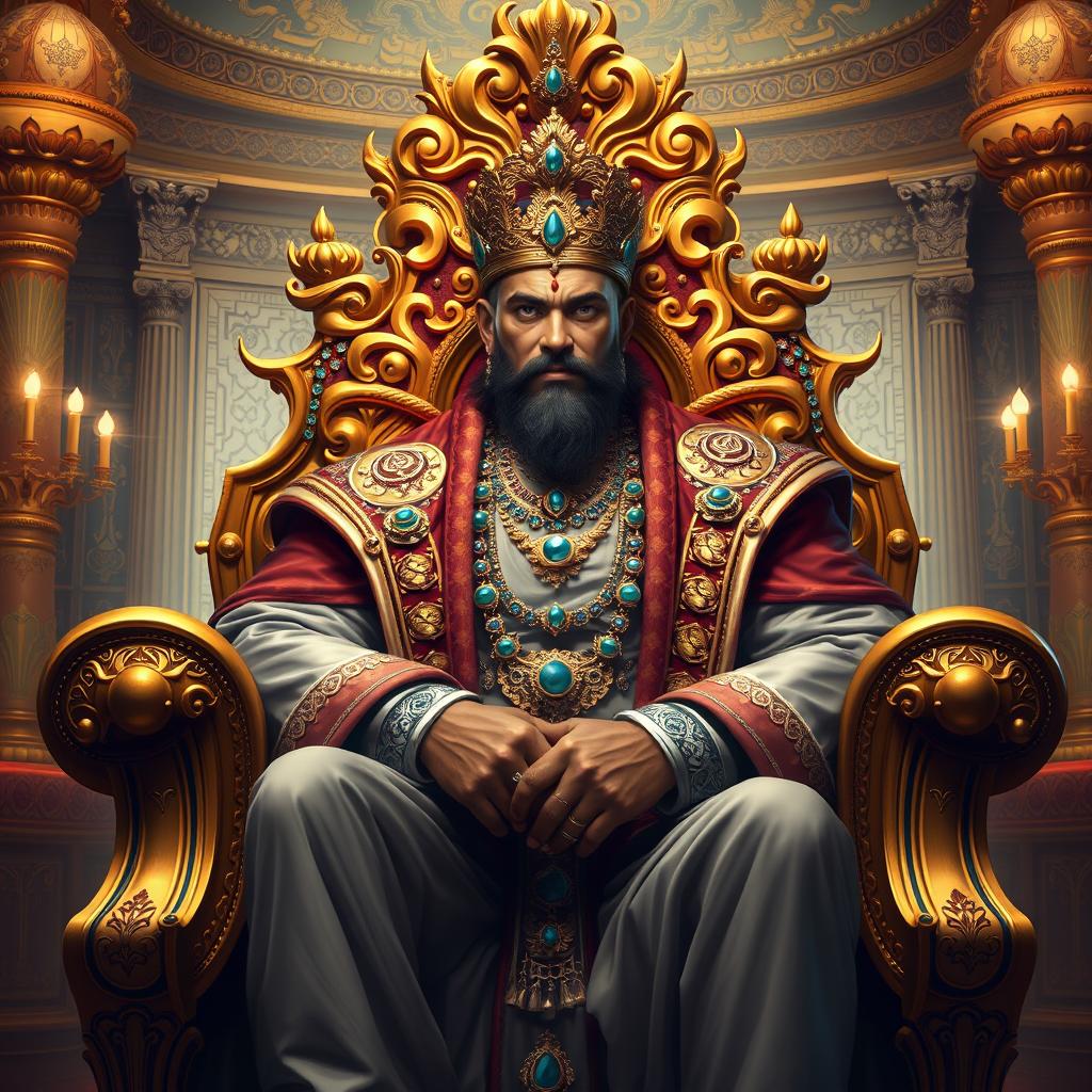 A majestic portrayal of a king named Raja, sitting on a grand throne adorned with jewels