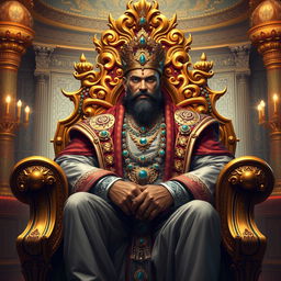 A majestic portrayal of a king named Raja, sitting on a grand throne adorned with jewels