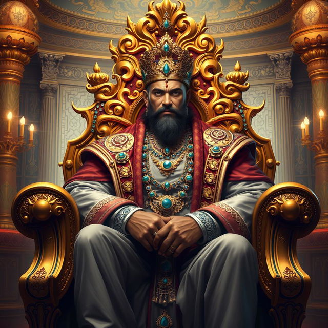 A majestic portrayal of a king named Raja, sitting on a grand throne adorned with jewels