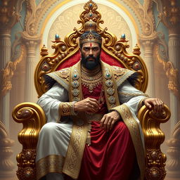 A majestic portrayal of a king named Raja, sitting on a grand throne adorned with jewels